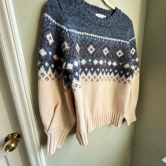 THML Fair Isle Color Block Navy Blue Cream Metallic Knit Sweater Sz L - Picture 3 of 8